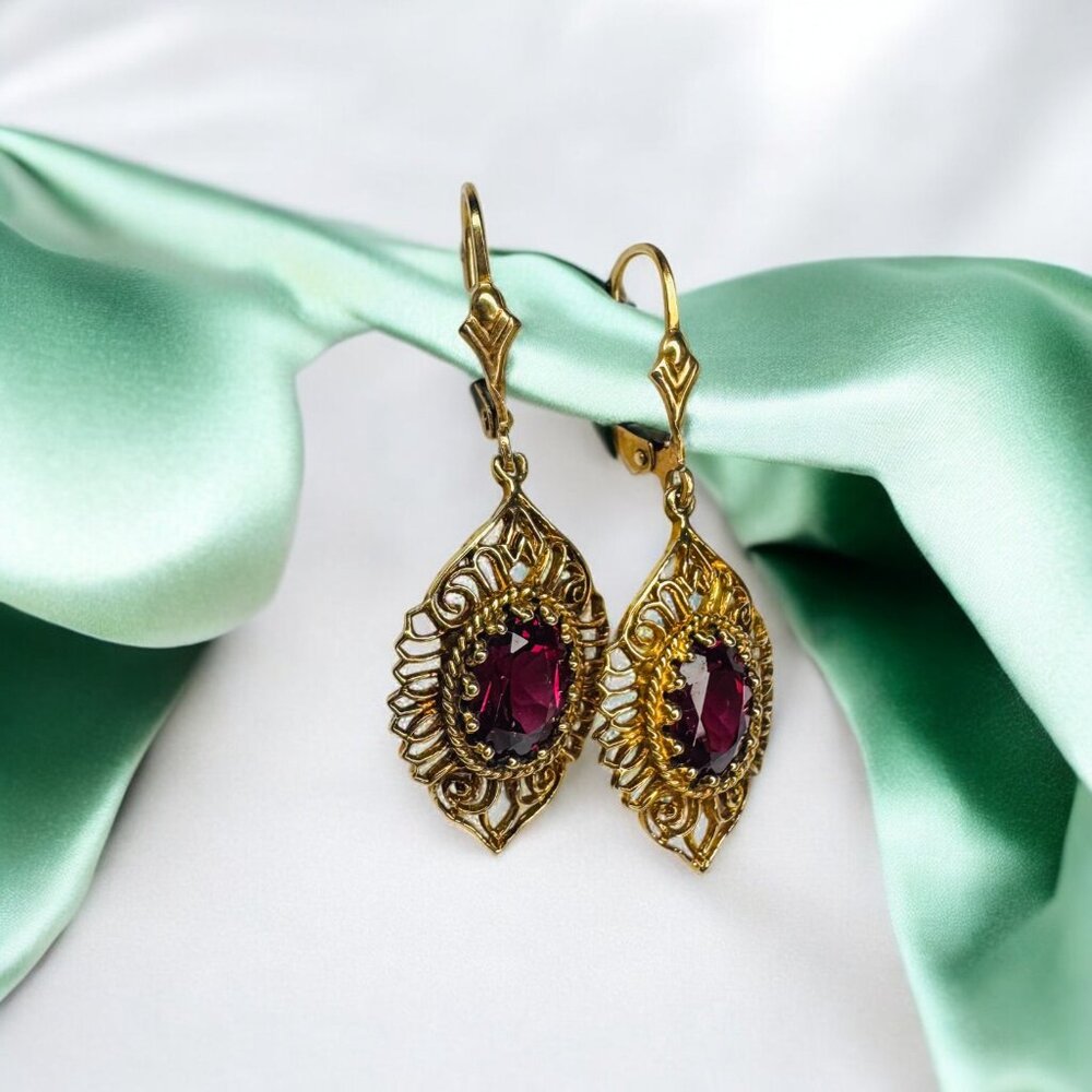 VINTAGE- 10K Gold- Natural Indian Garnet Earrings -Bohemian Filigree Dangle-3.9g - Picture 8 of 16